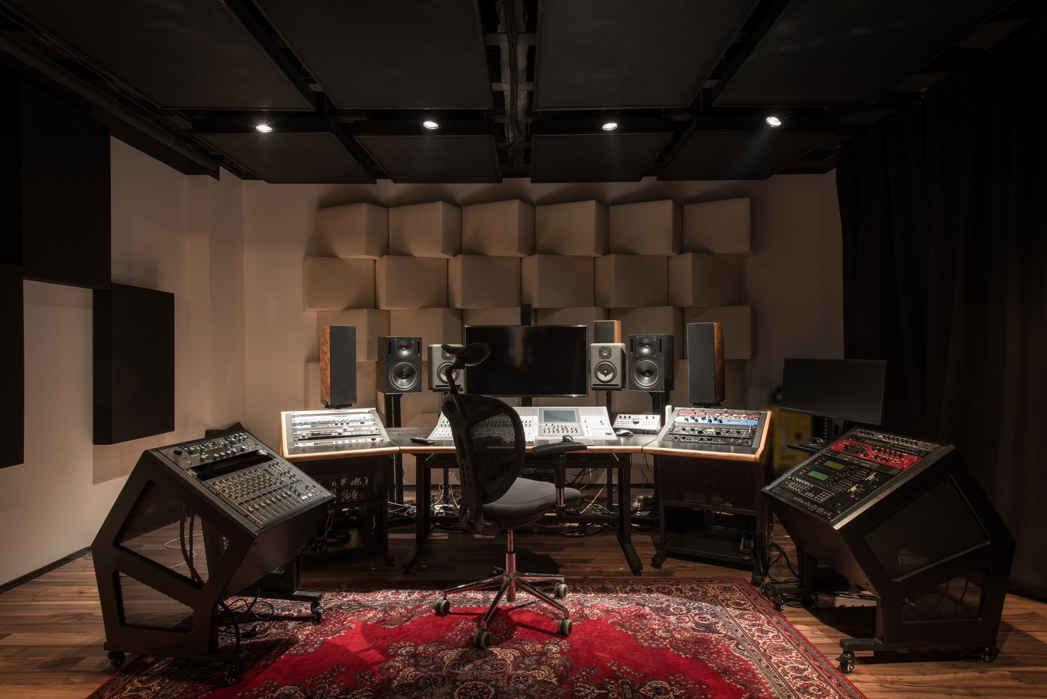 Front view of control desk in music studio room