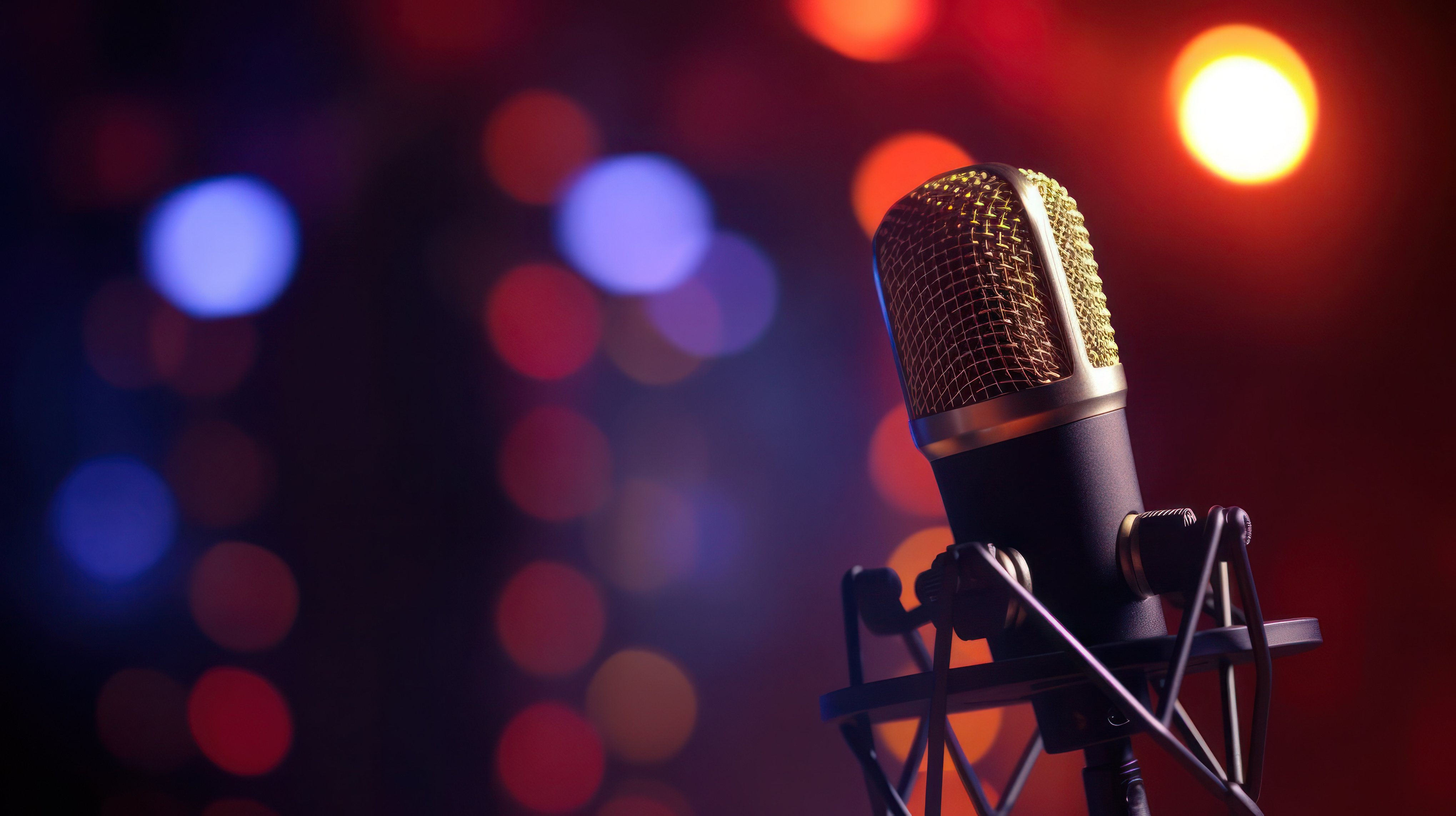 Studio Podcast Microphone on Blurry Neon Background